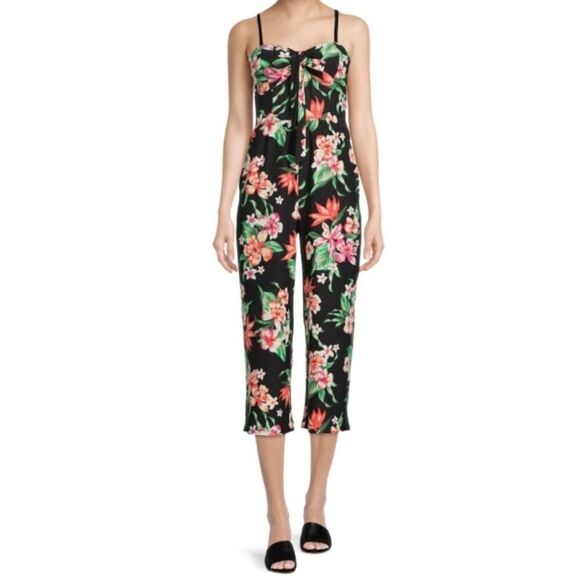 Women's Juniors Floral Strapless Tie Front Jumpsuit Bodysuit - Picture 1 of 5